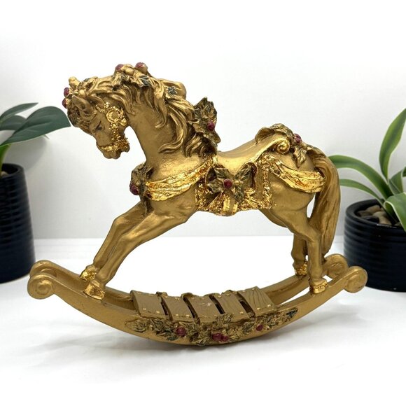 Gold Rocking Horse Decor With Red Accents & Floral Details - Picture 1 of 6